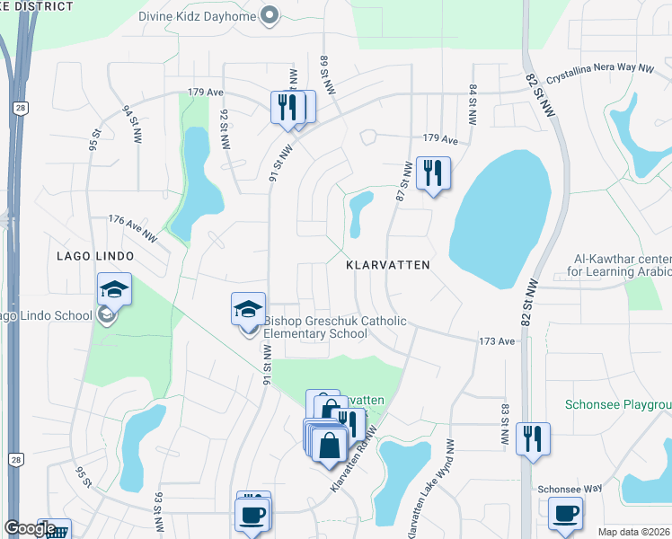 map of restaurants, bars, coffee shops, grocery stores, and more near 17451 89 Street Northwest in Edmonton