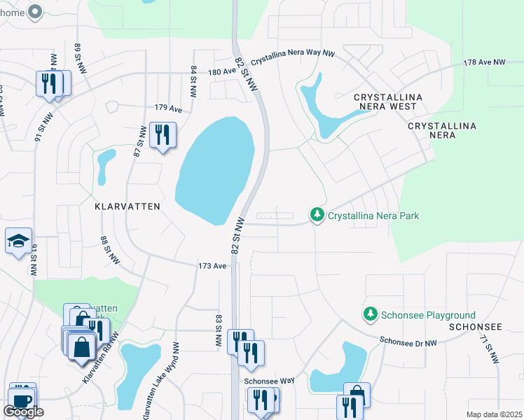 map of restaurants, bars, coffee shops, grocery stores, and more near 488 Crystallina Nera Drive Northwest in Edmonton