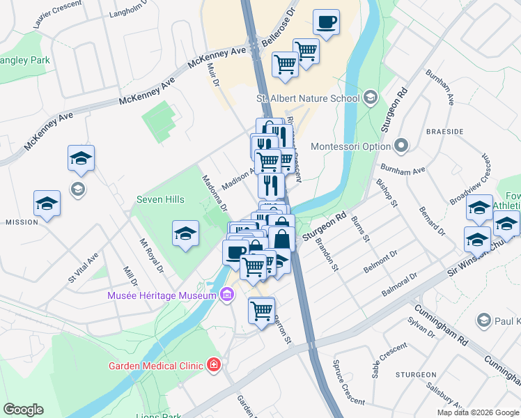 map of restaurants, bars, coffee shops, grocery stores, and more near 10 Mission Avenue in St. Albert