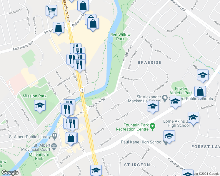 map of restaurants, bars, coffee shops, grocery stores, and more near 24 Sturgeon Road in St. Albert