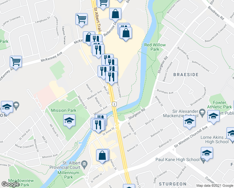 map of restaurants, bars, coffee shops, grocery stores, and more near 367 Saint Albert Trail in St. Albert