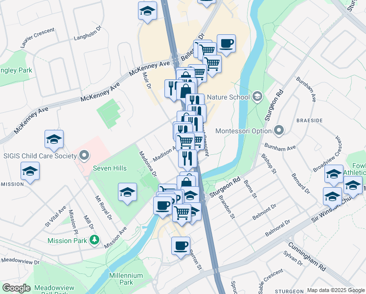 map of restaurants, bars, coffee shops, grocery stores, and more near 18b Muir Drive in St. Albert