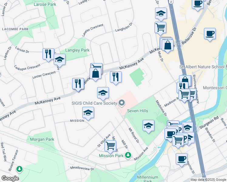 map of restaurants, bars, coffee shops, grocery stores, and more near 78 McKenney Avenue in St. Albert