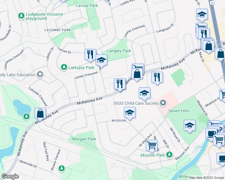 map of restaurants, bars, coffee shops, grocery stores, and more near 105 McKenney Avenue in Saint Albert