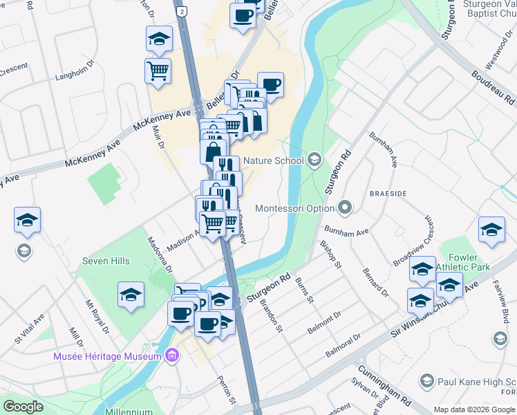 map of restaurants, bars, coffee shops, grocery stores, and more near 500 Rivercrest Crescent in St. Albert