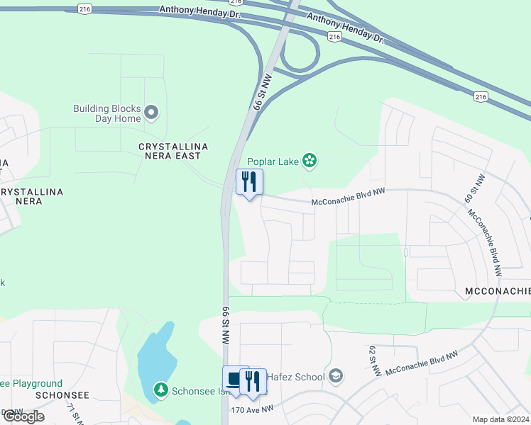 map of restaurants, bars, coffee shops, grocery stores, and more near 1424 McConachie Boulevard Northwest in Edmonton