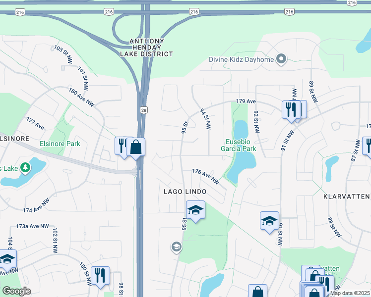 map of restaurants, bars, coffee shops, grocery stores, and more near 17743 95 Street in Edmonton