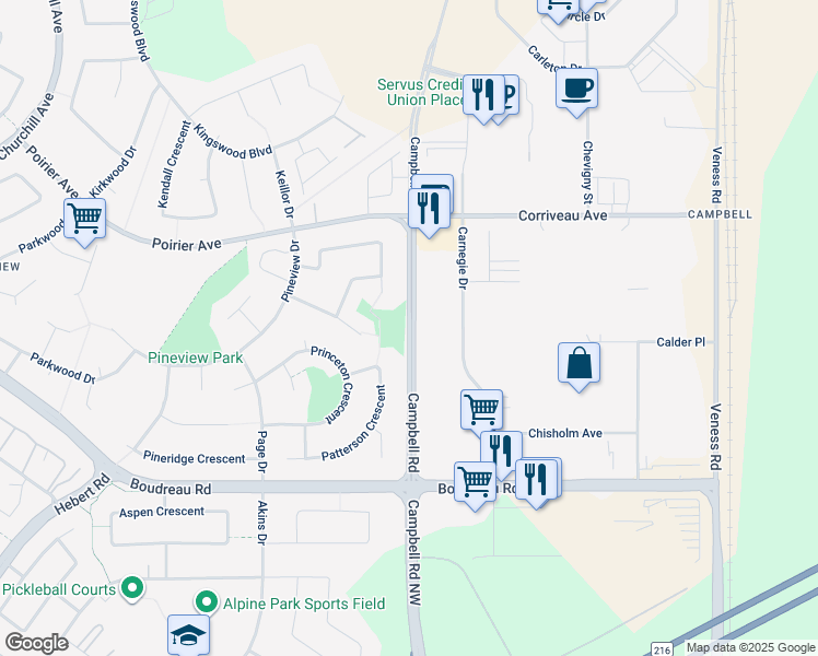 map of restaurants, bars, coffee shops, grocery stores, and more near 24 Campbell Road in Saint Albert