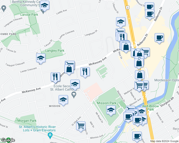 map of restaurants, bars, coffee shops, grocery stores, and more near in St. Albert