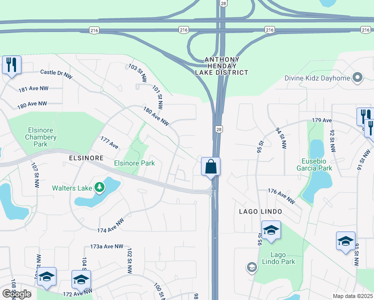 map of restaurants, bars, coffee shops, grocery stores, and more near 17811 99 Street Northwest in Edmonton