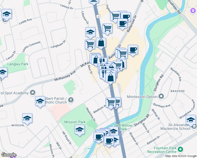map of restaurants, bars, coffee shops, grocery stores, and more near in St. Albert