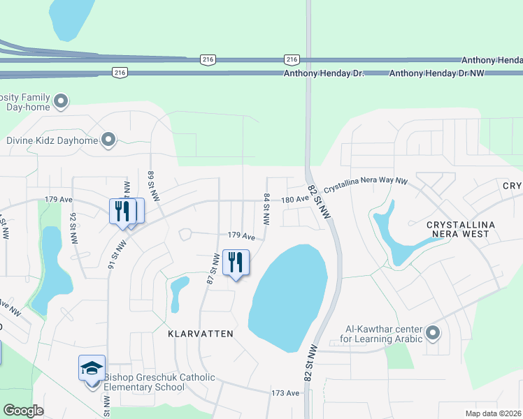 map of restaurants, bars, coffee shops, grocery stores, and more near 17952 84 Street Northwest in Edmonton