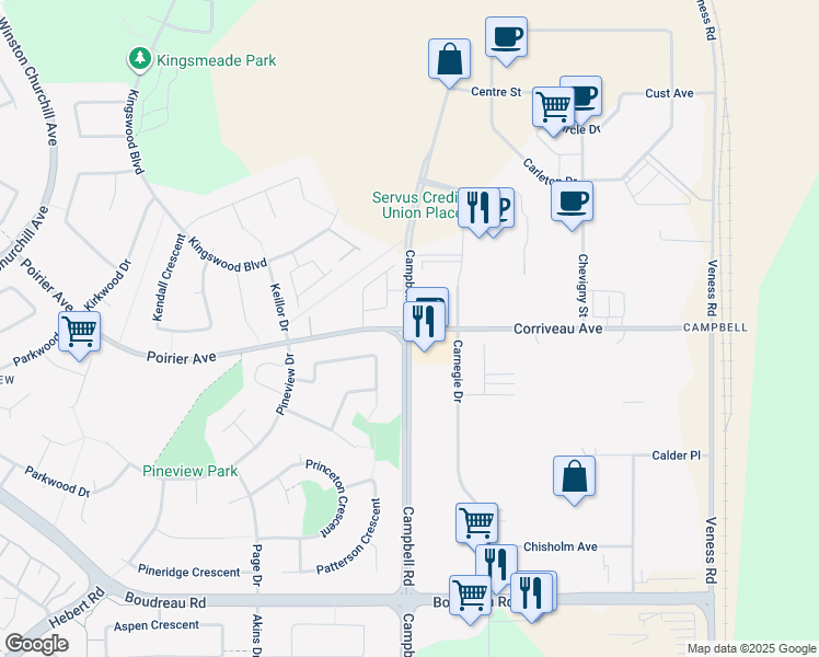 map of restaurants, bars, coffee shops, grocery stores, and more near Campbell Road in Saint Albert