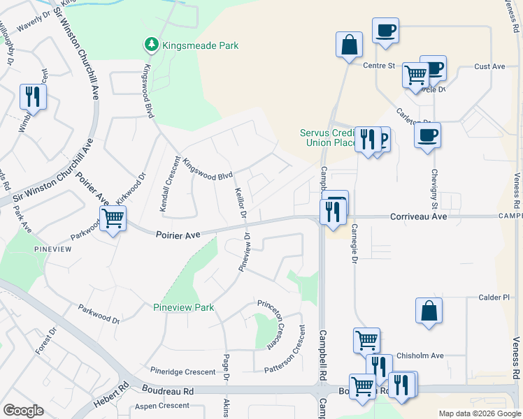 map of restaurants, bars, coffee shops, grocery stores, and more near 8 Poirier Avenue in St. Albert