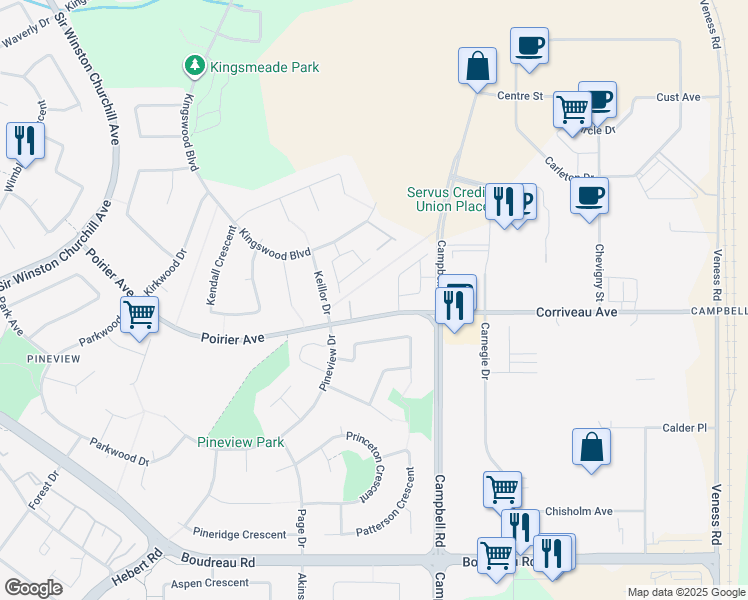 map of restaurants, bars, coffee shops, grocery stores, and more near 7 Poirier Avenue in St. Albert