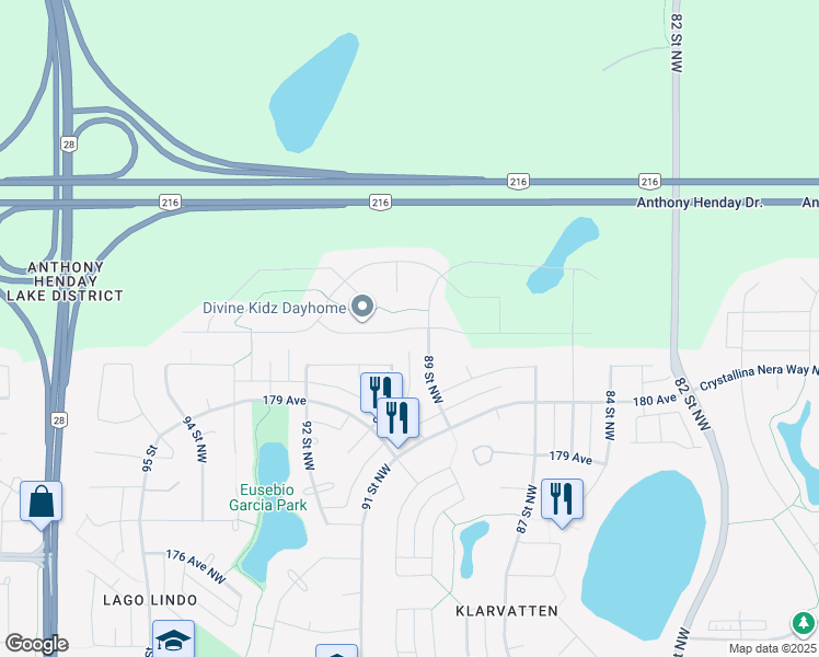 map of restaurants, bars, coffee shops, grocery stores, and more near 7623 181 Avenue Northwest in Edmonton