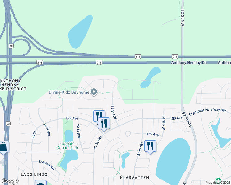 map of restaurants, bars, coffee shops, grocery stores, and more near 18115 89 Street Northwest in Edmonton