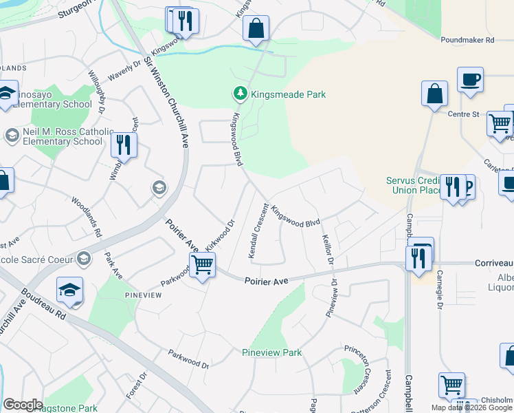 map of restaurants, bars, coffee shops, grocery stores, and more near 82 Kendall Crescent in St. Albert