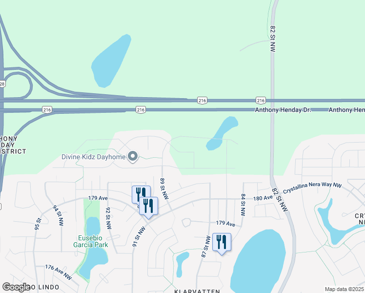 map of restaurants, bars, coffee shops, grocery stores, and more near 18115 89 Street Northwest in Edmonton