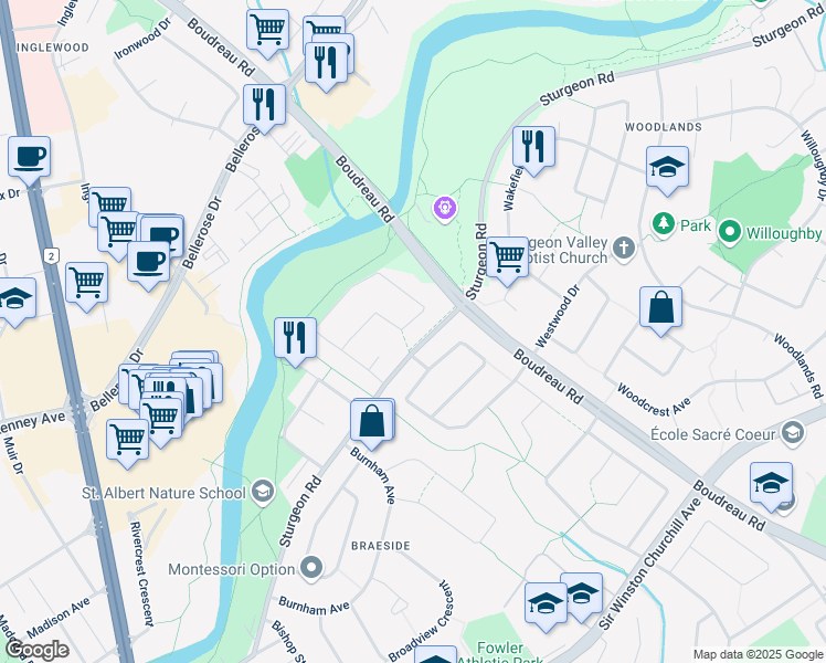 map of restaurants, bars, coffee shops, grocery stores, and more near 46 Butterfield Crescent in St. Albert