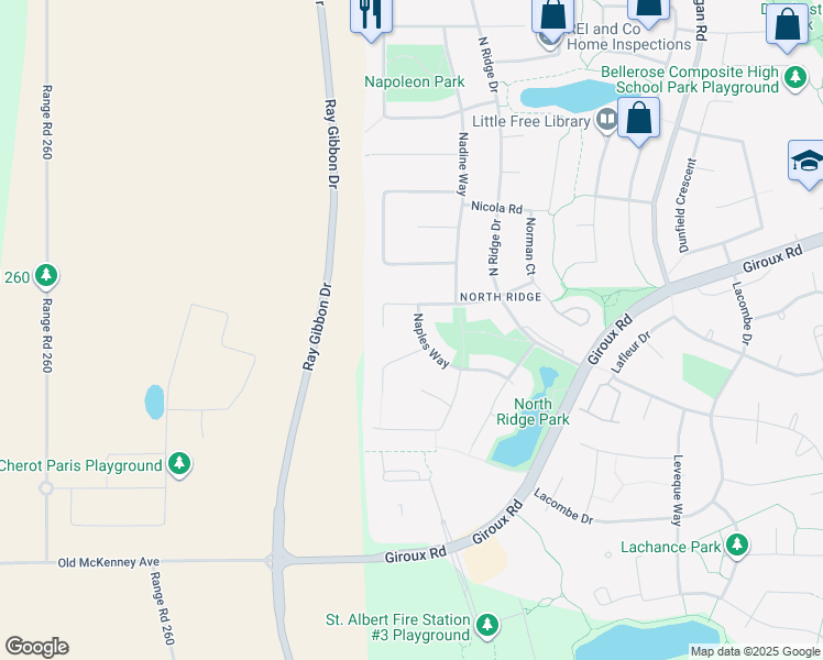 map of restaurants, bars, coffee shops, grocery stores, and more near 32 Naples Way in St. Albert