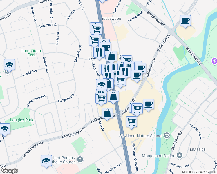 map of restaurants, bars, coffee shops, grocery stores, and more near 440 Saint Albert Trail in St. Albert