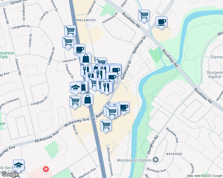map of restaurants, bars, coffee shops, grocery stores, and more near 11 Bellerose Drive in St. Albert