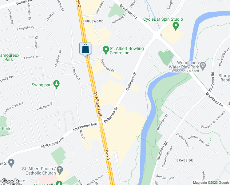 map of restaurants, bars, coffee shops, grocery stores, and more near 11 Bellerose Drive in St. Albert