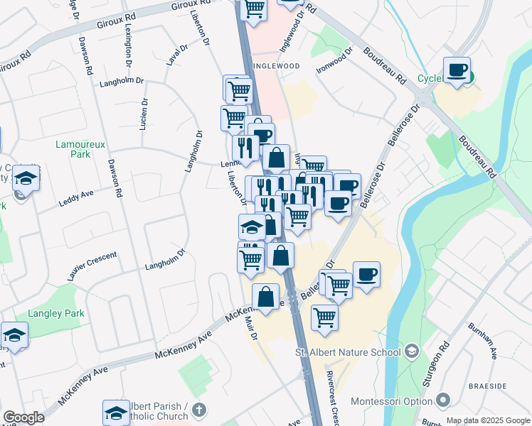 map of restaurants, bars, coffee shops, grocery stores, and more near 440 Saint Albert Trail in St. Albert