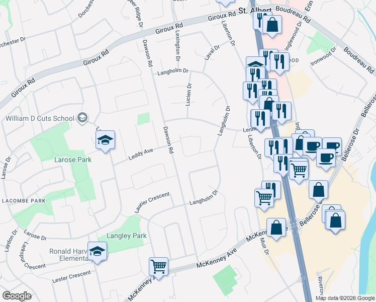map of restaurants, bars, coffee shops, grocery stores, and more near 29 Lorne Crescent in St. Albert