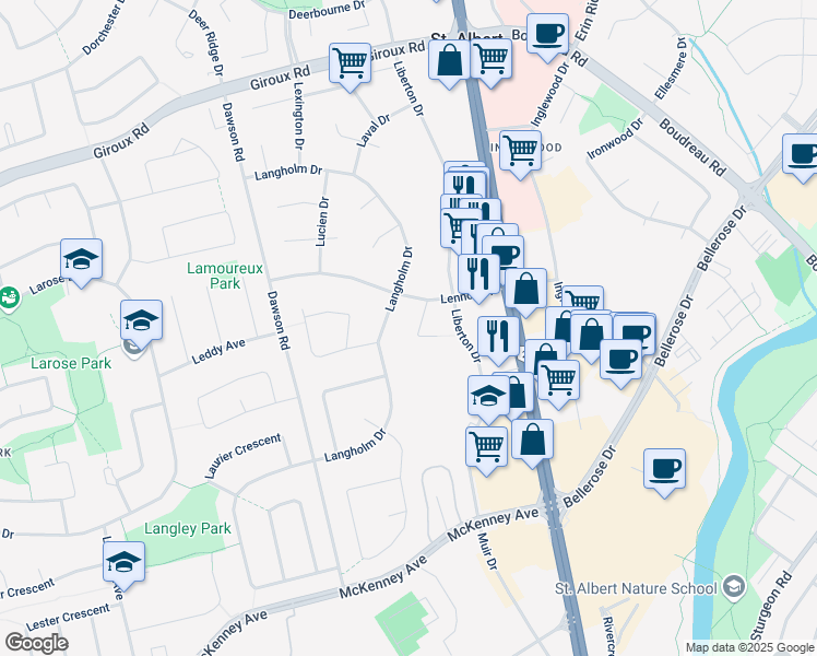 map of restaurants, bars, coffee shops, grocery stores, and more near 2 Louisbourg Place in St. Albert