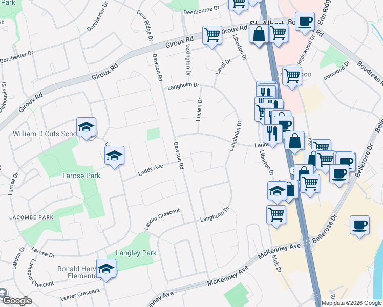 map of restaurants, bars, coffee shops, grocery stores, and more near 29 Lorne Crescent in St. Albert