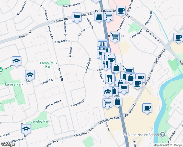 map of restaurants, bars, coffee shops, grocery stores, and more near 2 Louisbourg Place in St. Albert
