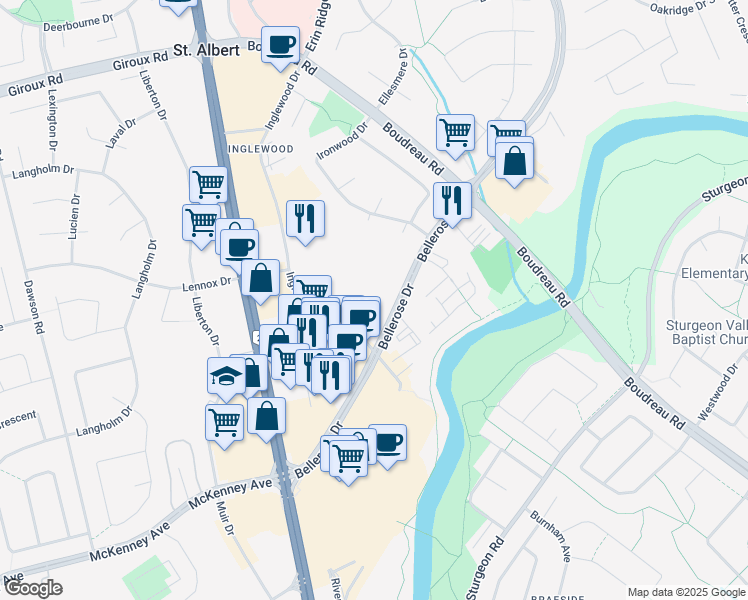 map of restaurants, bars, coffee shops, grocery stores, and more near 103 Bellerose Drive in St. Albert