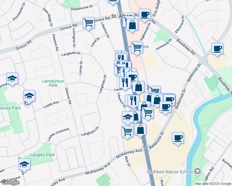 map of restaurants, bars, coffee shops, grocery stores, and more near 39 Lennox Drive in St. Albert