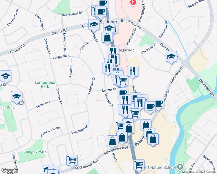 map of restaurants, bars, coffee shops, grocery stores, and more near 39 Lennox Drive in St. Albert
