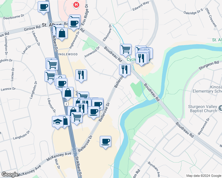 map of restaurants, bars, coffee shops, grocery stores, and more near 3 Ironwood Drive in St. Albert