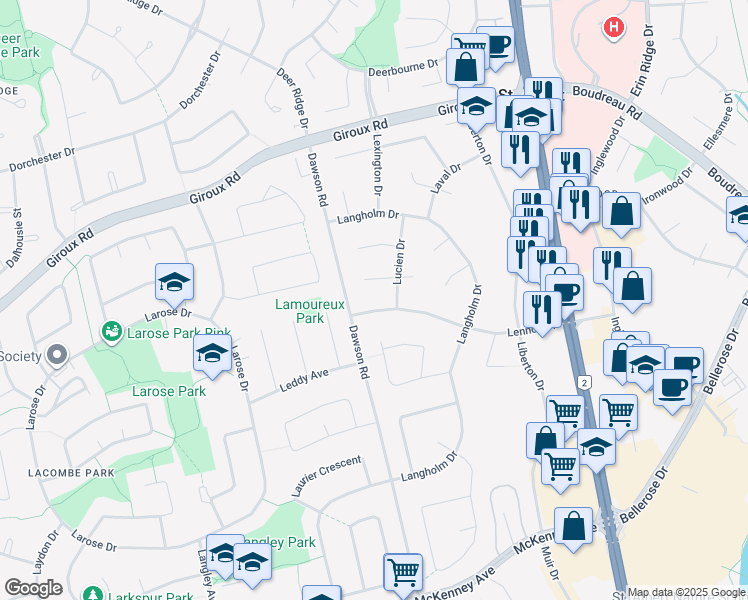 map of restaurants, bars, coffee shops, grocery stores, and more near 2 Loyola Place in St. Albert