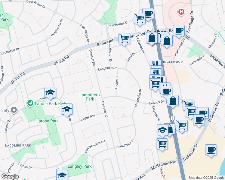 map of restaurants, bars, coffee shops, grocery stores, and more near 2 Loyola Place in St. Albert