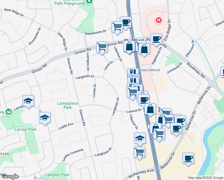 map of restaurants, bars, coffee shops, grocery stores, and more near 4 Leblanc Place in St. Albert