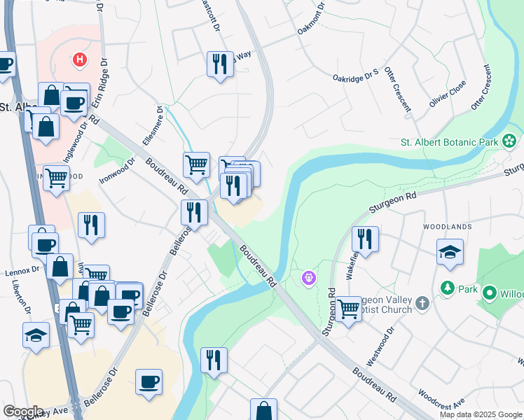 map of restaurants, bars, coffee shops, grocery stores, and more near 103 Bellerose Drive in St. Albert