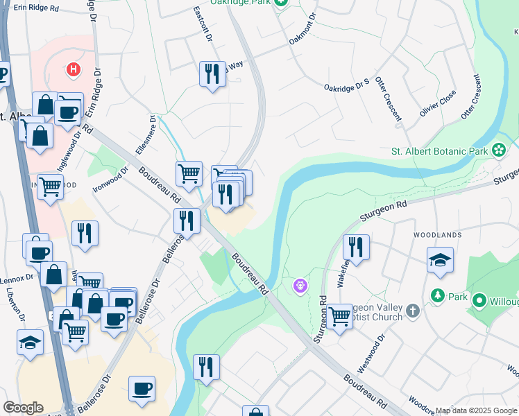 map of restaurants, bars, coffee shops, grocery stores, and more near 103 Bellerose Drive in St. Albert