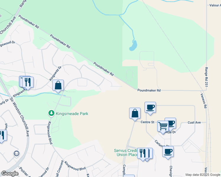 map of restaurants, bars, coffee shops, grocery stores, and more near 56 Kingsford Crescent in Saint Albert