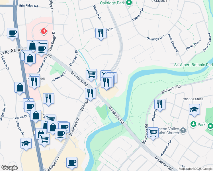 map of restaurants, bars, coffee shops, grocery stores, and more near in St. Albert