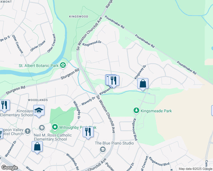 map of restaurants, bars, coffee shops, grocery stores, and more near 47 Kingswood Drive in Saint Albert