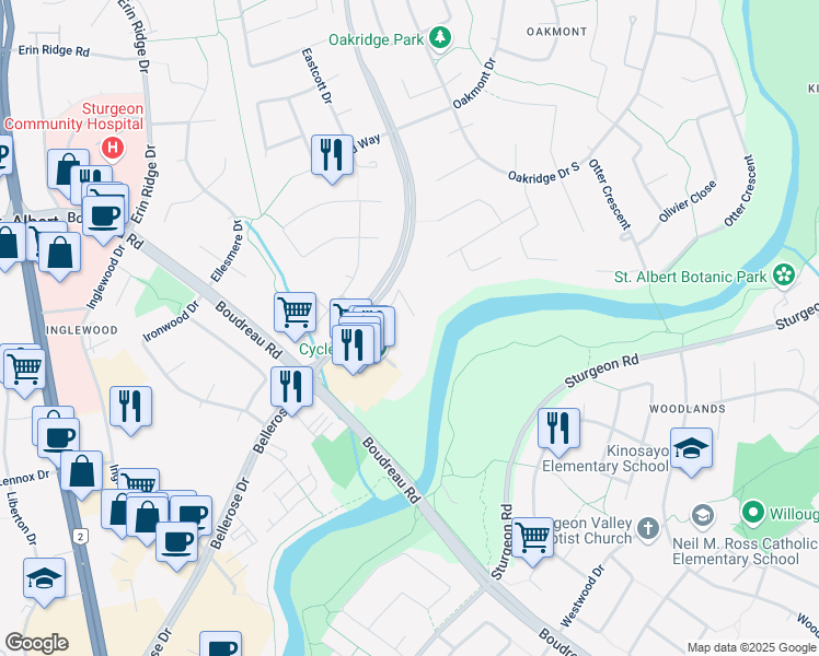map of restaurants, bars, coffee shops, grocery stores, and more near 109 Bellerose Drive in St. Albert