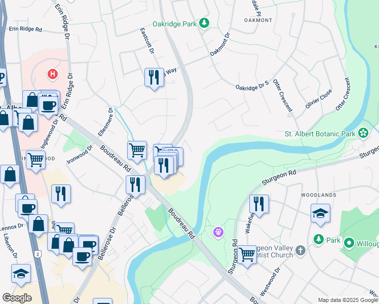 map of restaurants, bars, coffee shops, grocery stores, and more near 109 Bellerose Drive in St. Albert