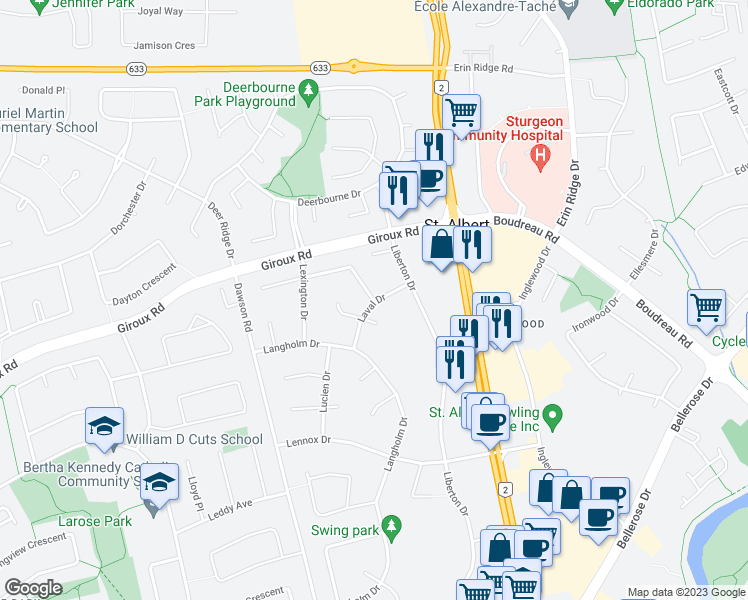 map of restaurants, bars, coffee shops, grocery stores, and more near 3 Larch Way in St. Albert