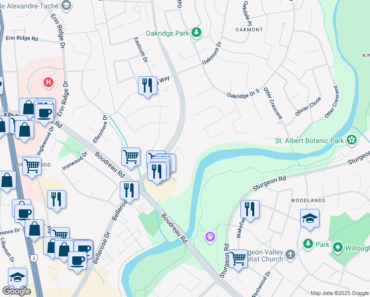 map of restaurants, bars, coffee shops, grocery stores, and more near 109 Bellerose Drive in St. Albert