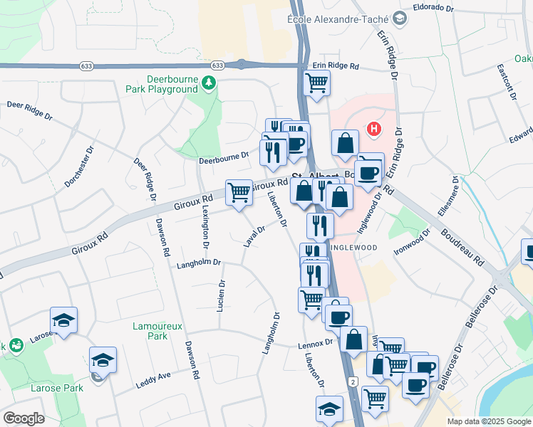 map of restaurants, bars, coffee shops, grocery stores, and more near 3 Larch Way in St. Albert